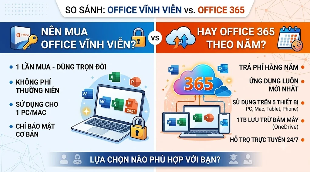 Nên chọn bản quyền Office vĩnh viễn hay Office trả phí theo năm?